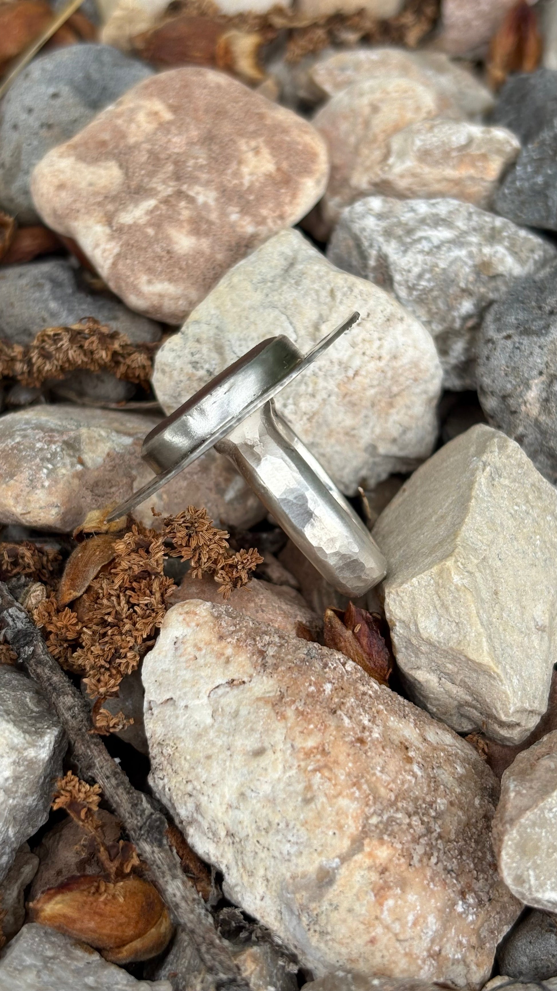 Metallic object embedded in a pile of stones and leaves